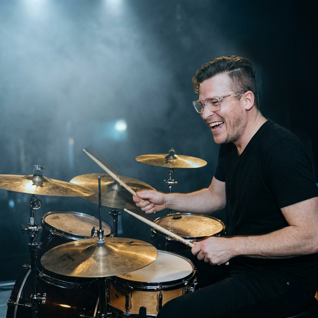 Joel William Stumbaugh spiller trommer til et liveshow