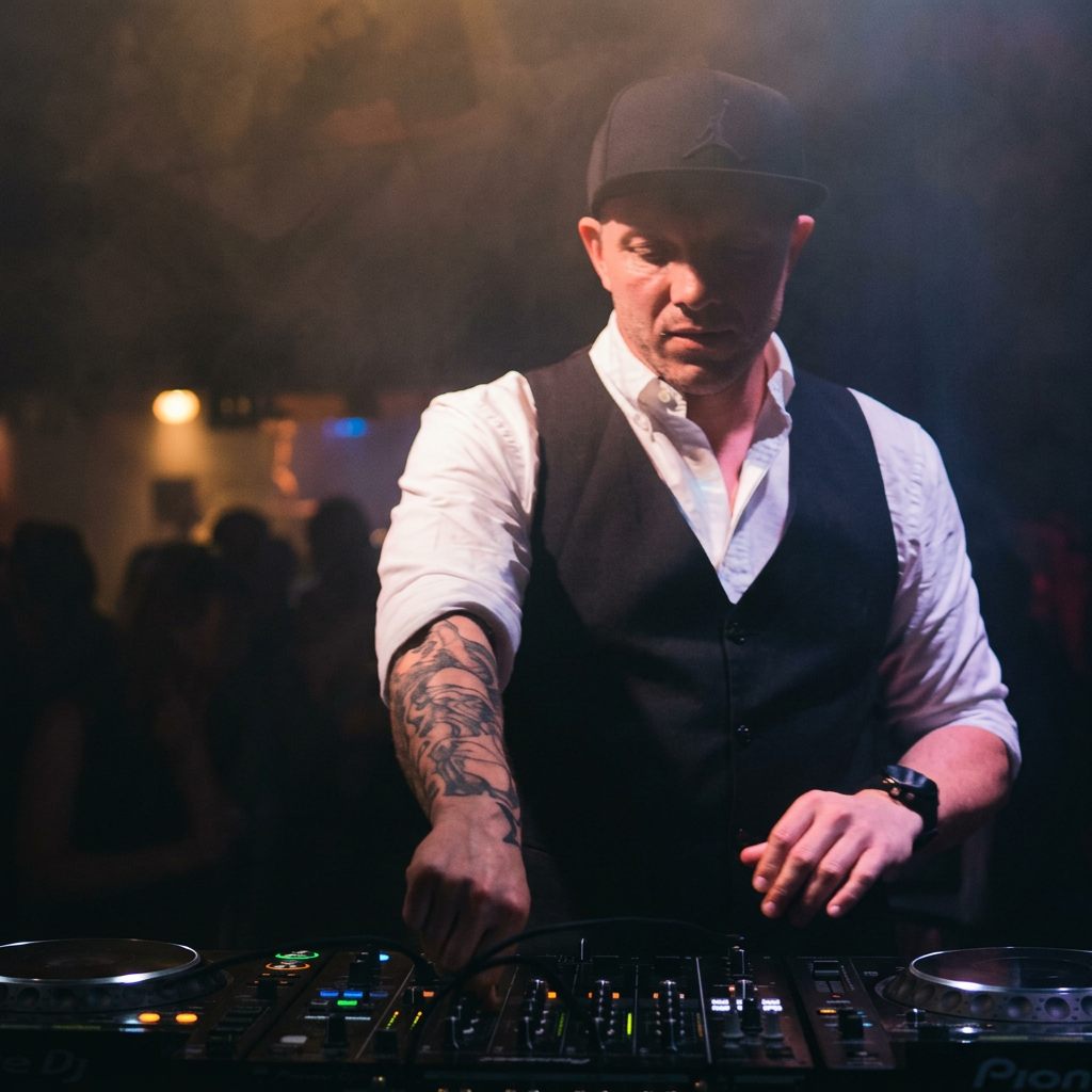 DJ Ulrik mixer bag DJ-pulten til en fest med Thomas & Talenterne